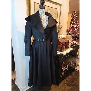 Vtg Lilli Ann Princess Coat 50s Shawl Collar Fit Flare Black Velvet Wool Sz 14 L